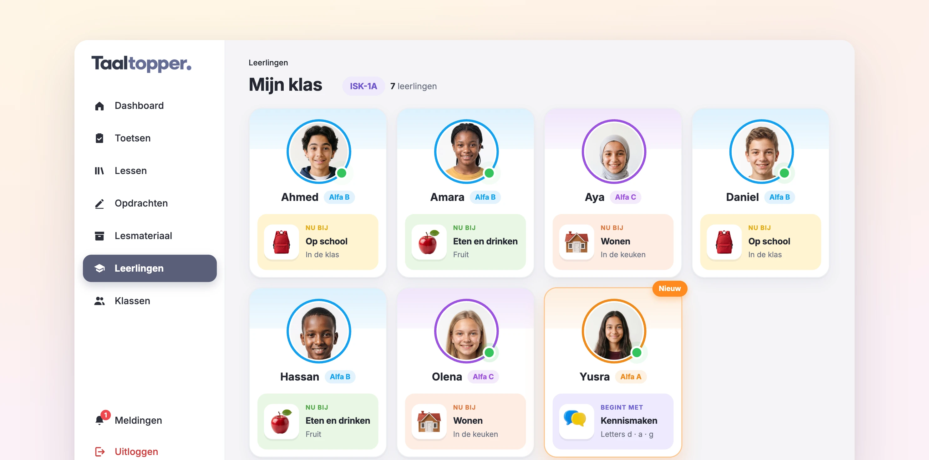 De docent ziet haar klas: elke leerling met niveau en het thema waar die nu mee bezig is.