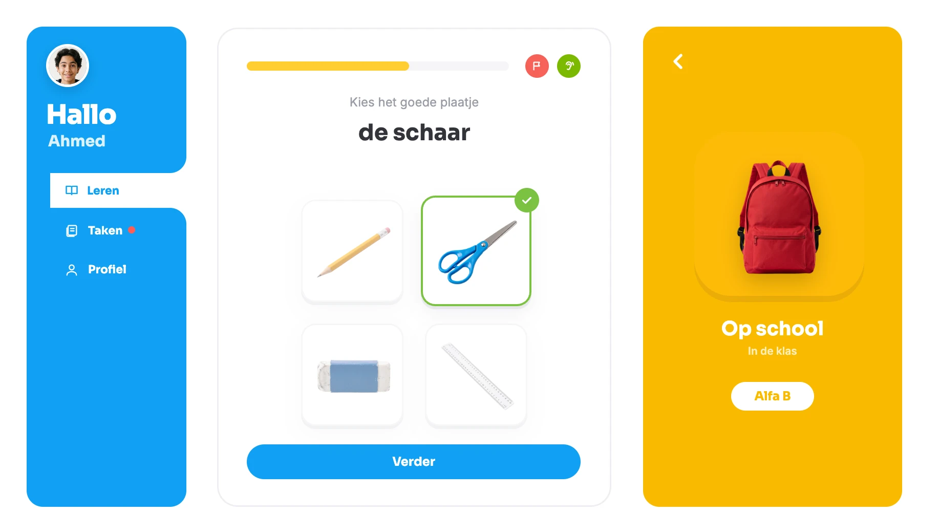 Ahmed kiest het goede plaatje bij het woord de schaar.