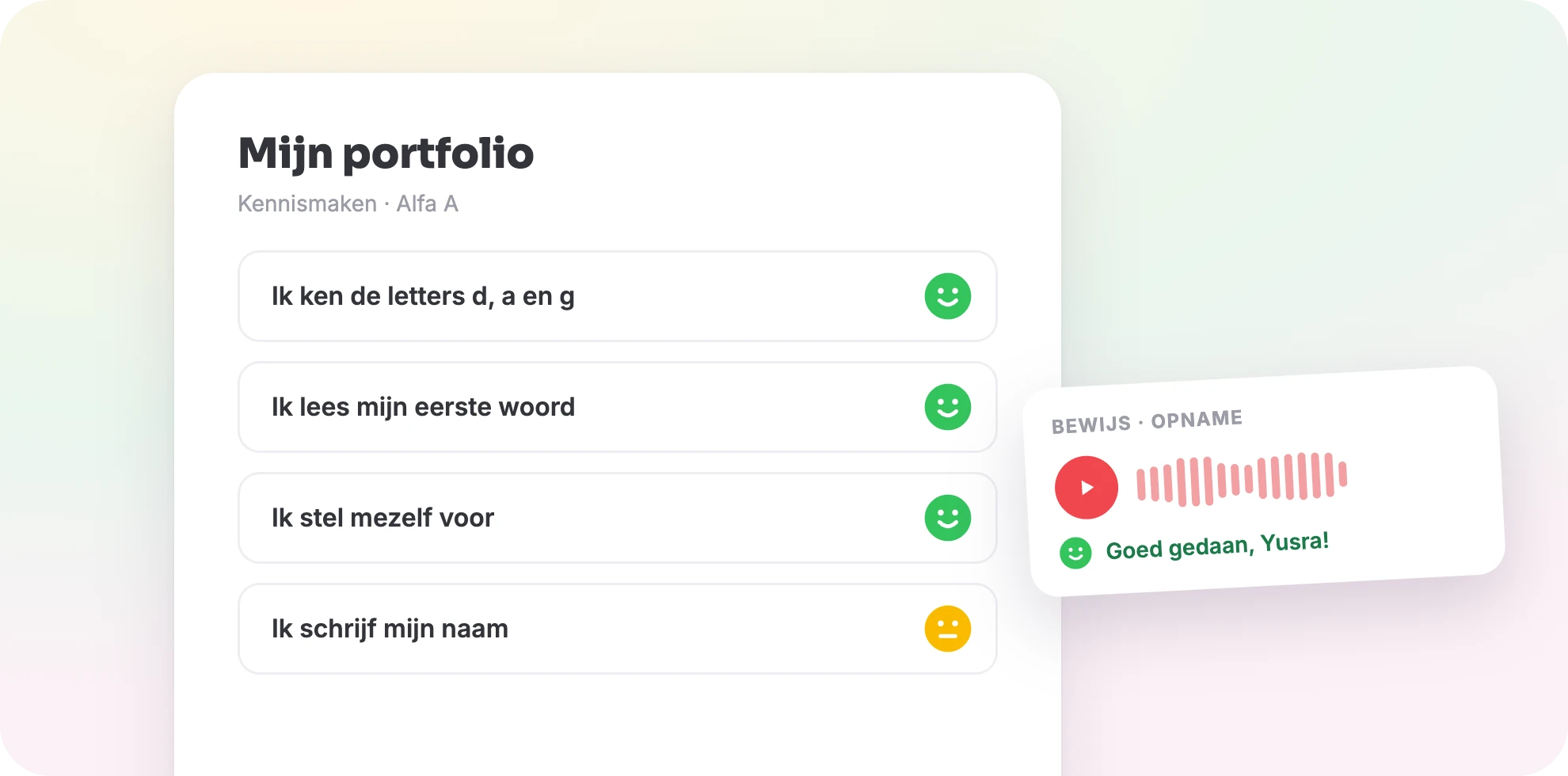 Het portfolio met smileys en een ingeleverde geluidsopname.