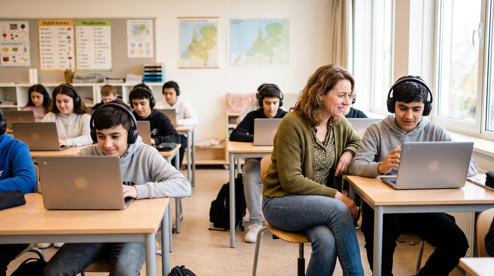 De hele klas oefent zelfstandig met koptelefoon op, de docent zit rustig naast één leerling.