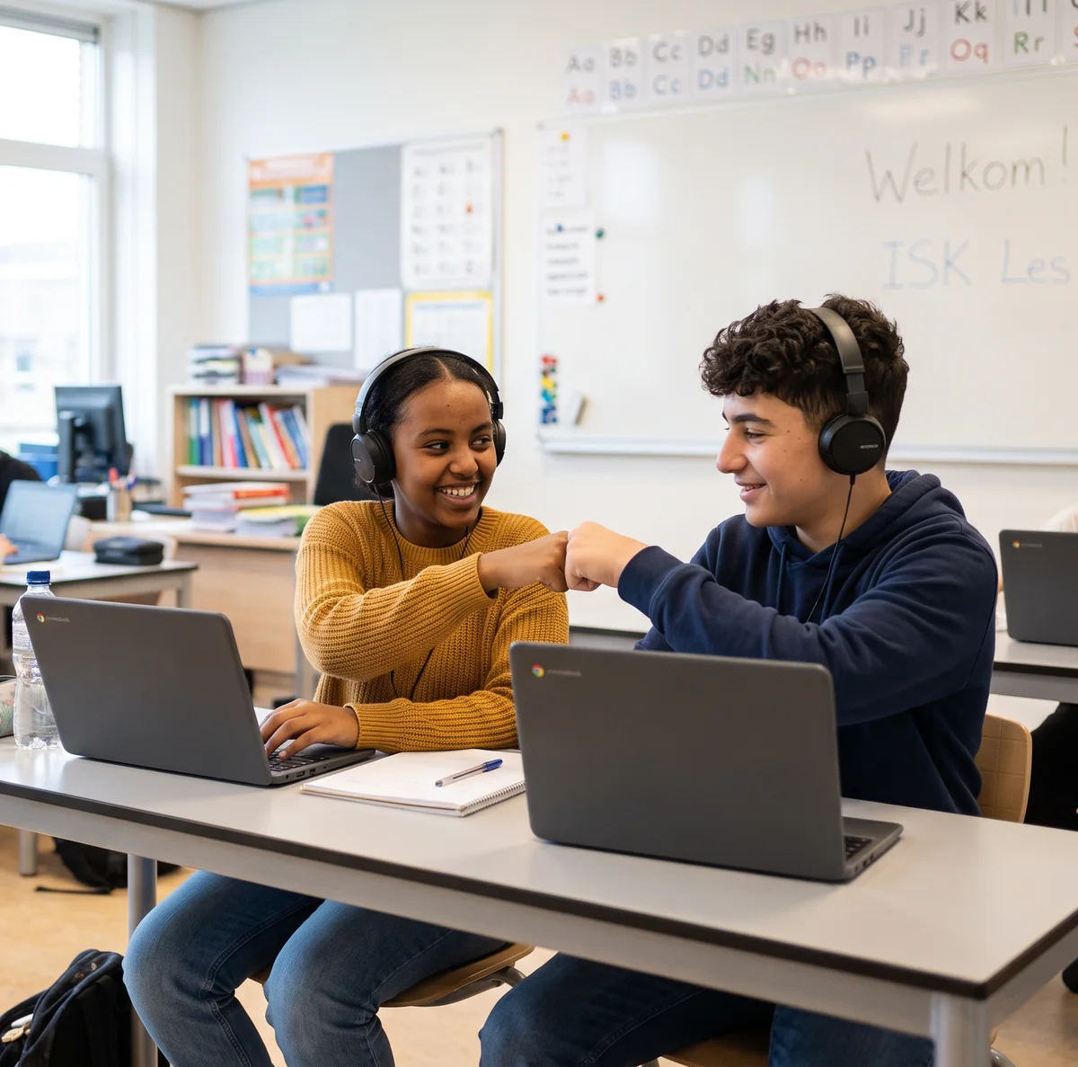 Twee nieuwkomers werken elk op hun eigen laptop en geven elkaar een boks na een goed antwoord; op het bord staat 'Welkom!'.