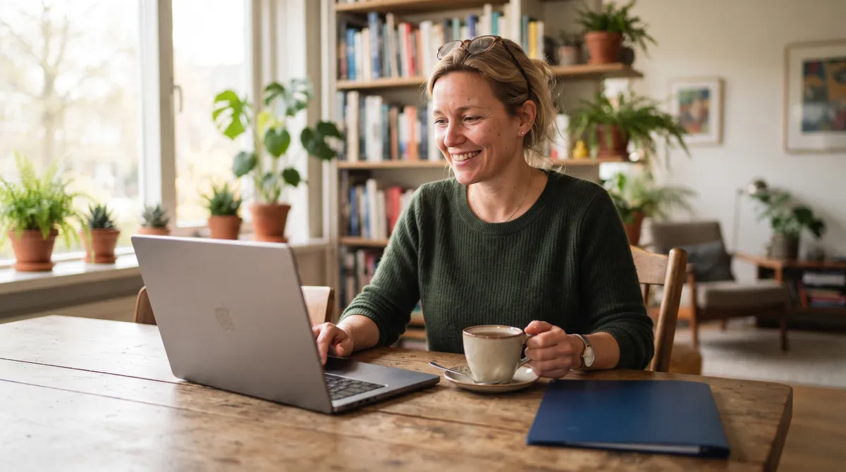 Een docent bekijkt ontspannen de voortgang op haar laptop.