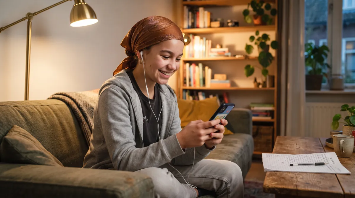 Een leerling speelt thuis een taalspel op haar telefoon.