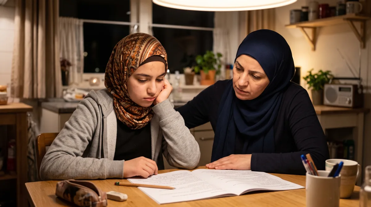 Een leerling zit thuis vast met haar huiswerk; haar moeder kijkt mee maar kan de tekst ook niet lezen.