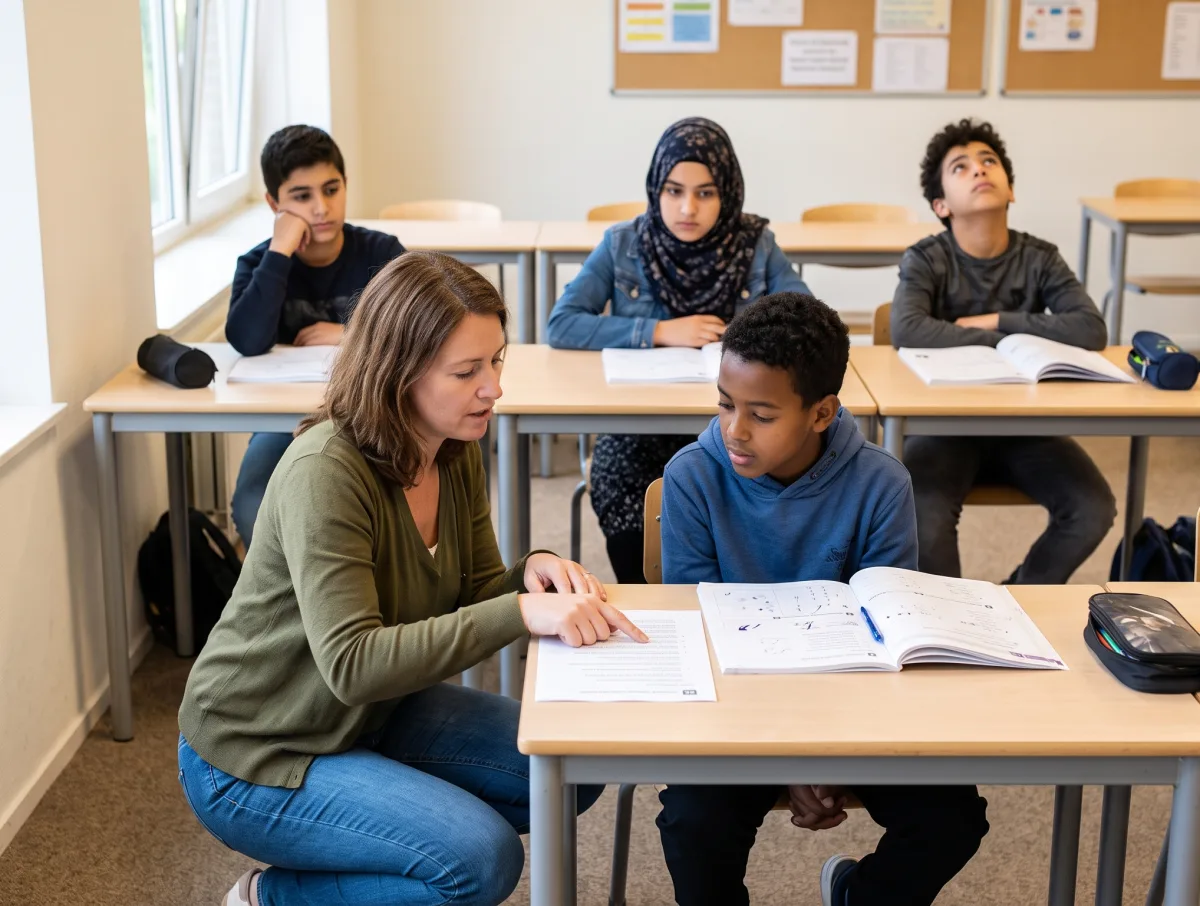 Een docent zit geknield bij één leerling en leest voor; drie klasgenoten zitten te wachten.