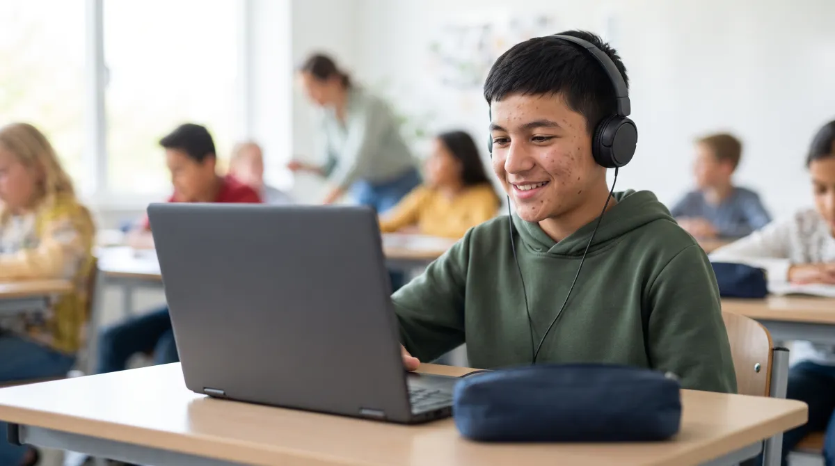 Een ISK-leerling oefent met koptelefoon op een laptop.