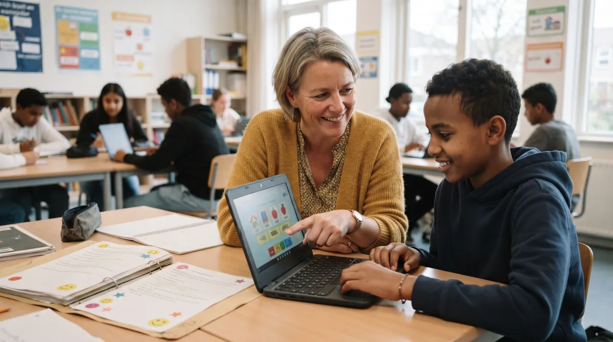 Een ISK-docent en een leerling spelen samen een woordspel op een laptop.