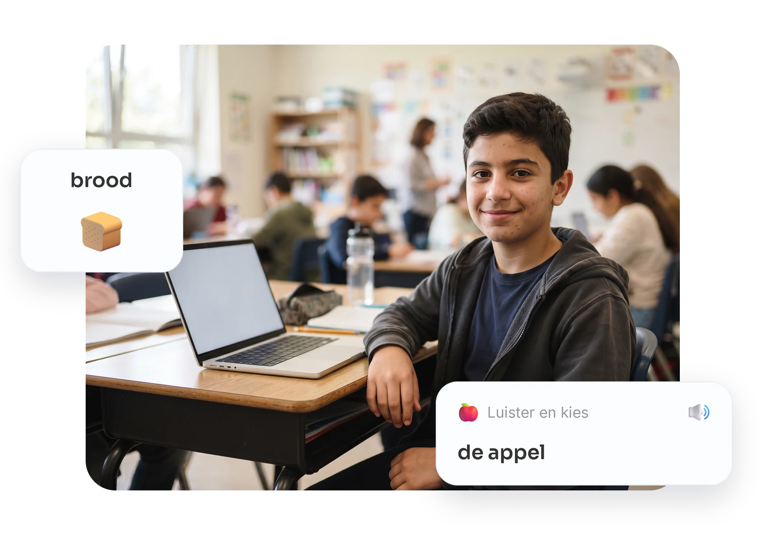 Een leerling oefent letters op de laptop